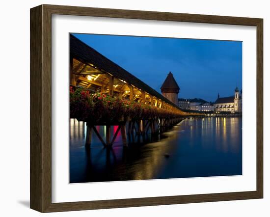 Chapel Bridge at Dusk, Lucerne, Switzerland, Europe-Charles Bowman-Framed Photographic Print