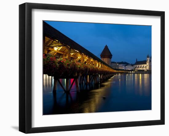 Chapel Bridge at Dusk, Lucerne, Switzerland, Europe-Charles Bowman-Framed Photographic Print