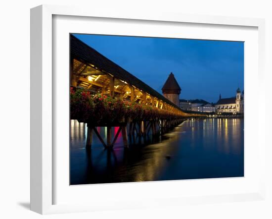 Chapel Bridge at Dusk, Lucerne, Switzerland, Europe-Charles Bowman-Framed Photographic Print