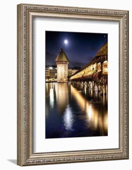 Chapel Bridge Night Scenic, Lucerne, Switzerland-George Oze-Framed Photographic Print