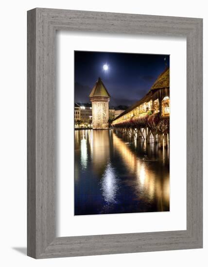 Chapel Bridge Night Scenic, Lucerne, Switzerland-George Oze-Framed Photographic Print