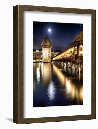 Chapel Bridge Night Scenic, Lucerne, Switzerland-George Oze-Framed Photographic Print