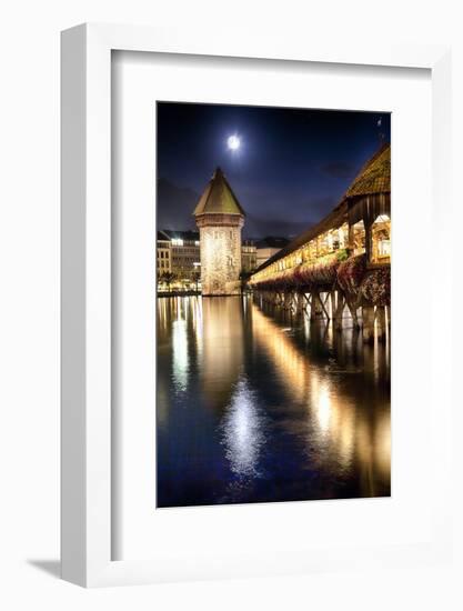 Chapel Bridge Night Scenic, Lucerne, Switzerland-George Oze-Framed Photographic Print