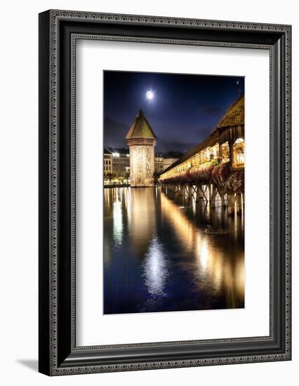 Chapel Bridge Night Scenic, Lucerne, Switzerland-George Oze-Framed Photographic Print