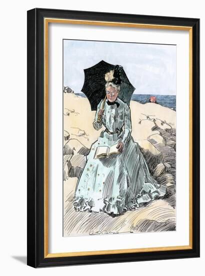 Chaperone Discreetly Reading a Book at the Beach, Circa 1900-null-Framed Giclee Print