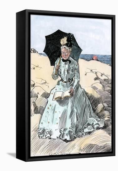 Chaperone Discreetly Reading a Book at the Beach, Circa 1900-null-Framed Premier Image Canvas