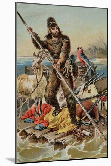 Character from Robinson Crusoe Riding on Raft-null-Mounted Giclee Print