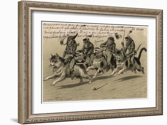 Charge of the Monkey Brigade' Monkeys in Military Uniform Riding Cats-null-Framed Art Print