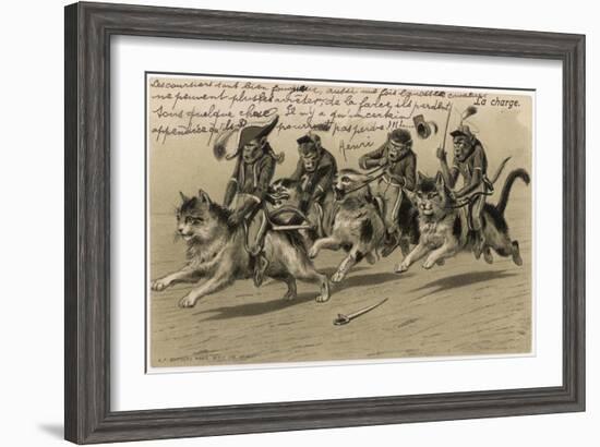 Charge of the Monkey Brigade' Monkeys in Military Uniform Riding Cats-null-Framed Art Print