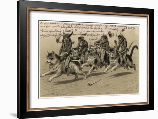 Charge of the Monkey Brigade' Monkeys in Military Uniform Riding Cats-null-Framed Art Print