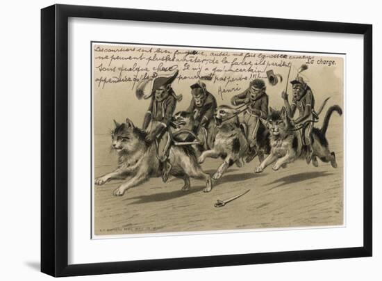 Charge of the Monkey Brigade' Monkeys in Military Uniform Riding Cats-null-Framed Art Print