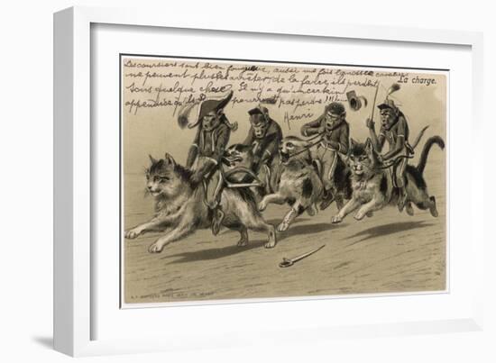 Charge of the Monkey Brigade' Monkeys in Military Uniform Riding Cats-null-Framed Art Print