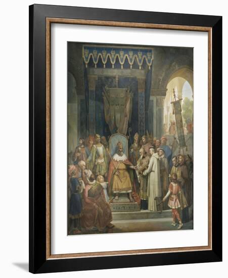 Charlemagne, entouré des ses principaux officiers, reçoit Alcuin qui lui présente des manuscrits,-Jean Victor Schnetz-Framed Giclee Print