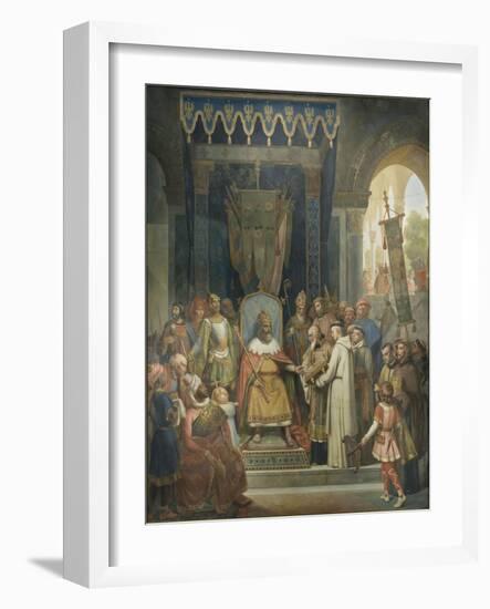 Charlemagne, entouré des ses principaux officiers, reçoit Alcuin qui lui présente des manuscrits,-Jean Victor Schnetz-Framed Giclee Print