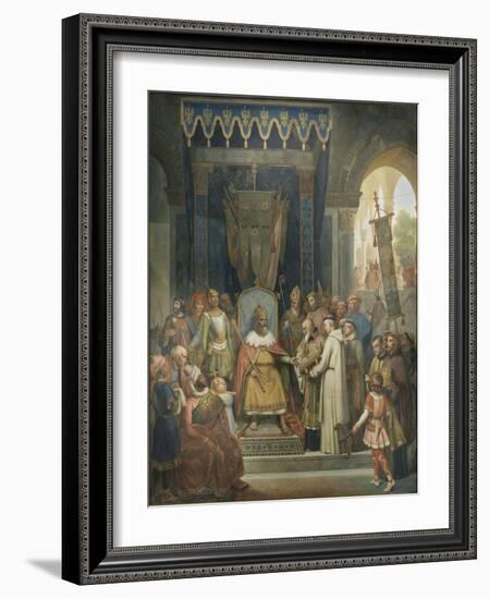 Charlemagne, entouré des ses principaux officiers, reçoit Alcuin qui lui présente des manuscrits,-Jean Victor Schnetz-Framed Giclee Print