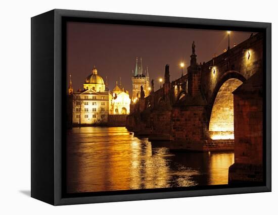 Charles Bridge over the River Vltava at Night, UNESCO World Heritage Site, Prague, Czech Republic,-Hans Peter Merten-Framed Premier Image Canvas