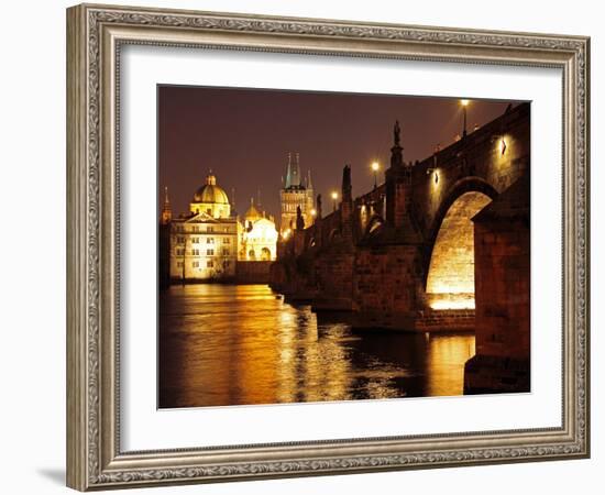 Charles Bridge over the River Vltava at Night, UNESCO World Heritage Site, Prague, Czech Republic,-Hans Peter Merten-Framed Photographic Print