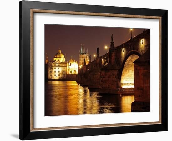 Charles Bridge over the River Vltava at Night, UNESCO World Heritage Site, Prague, Czech Republic,-Hans Peter Merten-Framed Photographic Print