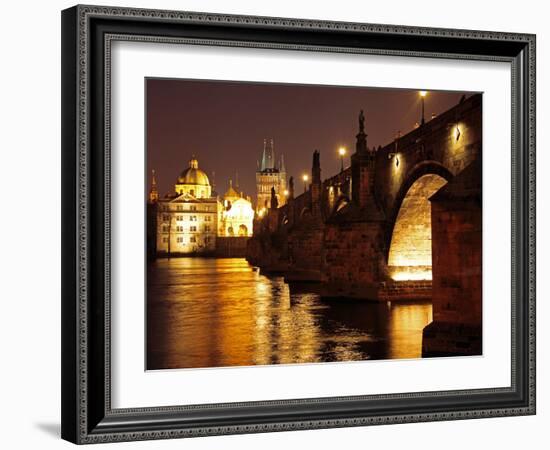 Charles Bridge over the River Vltava at Night, UNESCO World Heritage Site, Prague, Czech Republic,-Hans Peter Merten-Framed Photographic Print