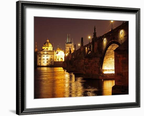 Charles Bridge over the River Vltava at Night, UNESCO World Heritage Site, Prague, Czech Republic,-Hans Peter Merten-Framed Photographic Print