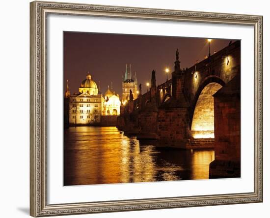 Charles Bridge over the River Vltava at Night, UNESCO World Heritage Site, Prague, Czech Republic,-Hans Peter Merten-Framed Photographic Print