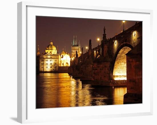 Charles Bridge over the River Vltava at Night, UNESCO World Heritage Site, Prague, Czech Republic,-Hans Peter Merten-Framed Photographic Print