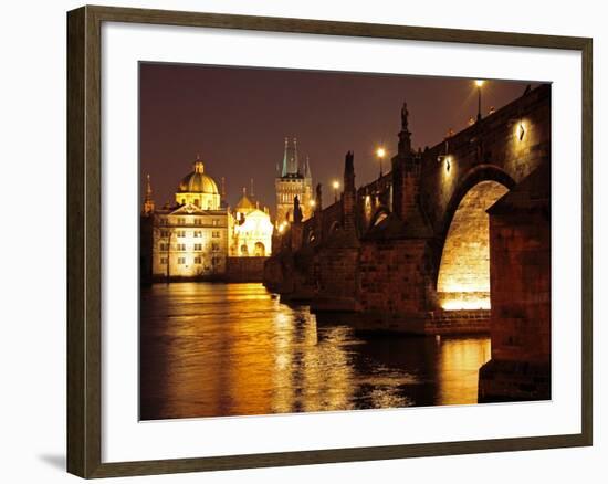 Charles Bridge over the River Vltava at Night, UNESCO World Heritage Site, Prague, Czech Republic,-Hans Peter Merten-Framed Photographic Print