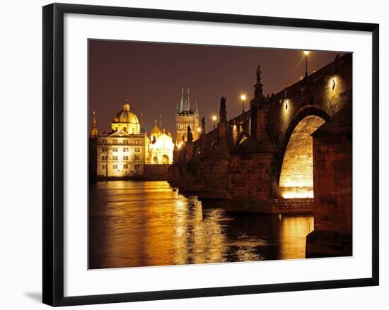 Charles Bridge over the River Vltava at Night, UNESCO World Heritage Site, Prague, Czech Republic,-Hans Peter Merten-Framed Photographic Print