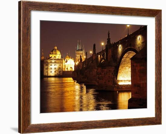 Charles Bridge over the River Vltava at Night, UNESCO World Heritage Site, Prague, Czech Republic,-Hans Peter Merten-Framed Photographic Print