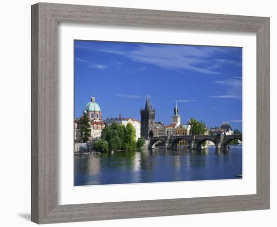 Charles Bridge over the Vltava River and City Skyline of Prague, Czech Republic, Europe-Nigel Francis-Framed Photographic Print