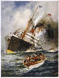 Abandon Ship! the Crew of a Torpedoed British Ship Take to the Boats as Their Vessel Keels Over-Charles J. De Lacy-Art Print