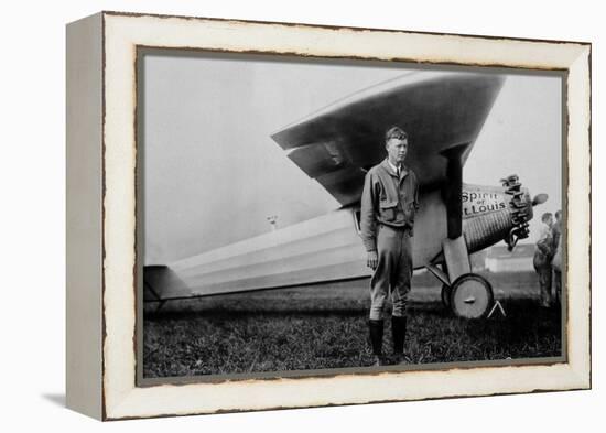 Charles Lindbergh (1902-1974) American Aviator in Front of His Plane Spirit of Saint Louis-null-Framed Stretched Canvas