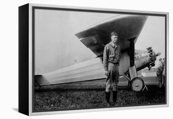 Charles Lindbergh (1902-1974) American Aviator in Front of His Plane Spirit of Saint Louis-null-Framed Stretched Canvas