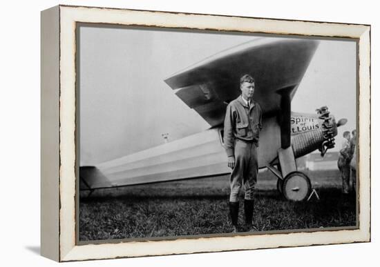 Charles Lindbergh (1902-1974) American Aviator in Front of His Plane Spirit of Saint Louis-null-Framed Stretched Canvas