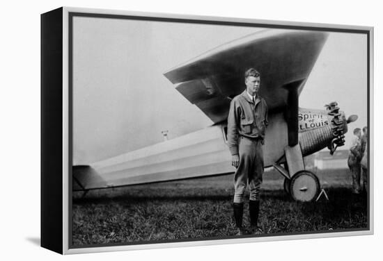 Charles Lindbergh (1902-1974) American Aviator in Front of His Plane Spirit of Saint Louis-null-Framed Stretched Canvas