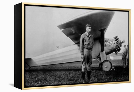 Charles Lindbergh (1902-1974) American Aviator in Front of His Plane Spirit of Saint Louis-null-Framed Stretched Canvas