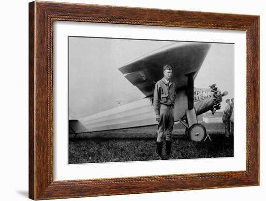 Charles Lindbergh (1902-1974) American Aviator in Front of His Plane Spirit of Saint Louis-null-Framed Photo