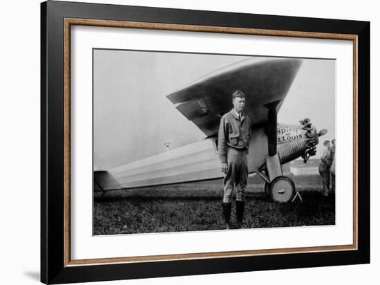 Charles Lindbergh (1902-1974) American Aviator in Front of His Plane Spirit of Saint Louis-null-Framed Photo