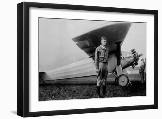 Charles Lindbergh (1902-1974) American Aviator in Front of His Plane Spirit of Saint Louis-null-Framed Photo