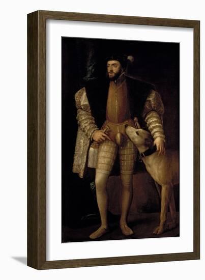 Charles V (1500-58) Holy Roman Emperor and King of Spain with His Dog, 1533-Titian (Tiziano Vecelli)-Framed Giclee Print