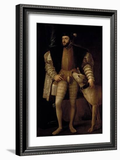 Charles V (1500-58) Holy Roman Emperor and King of Spain with His Dog, 1533-Titian (Tiziano Vecelli)-Framed Giclee Print