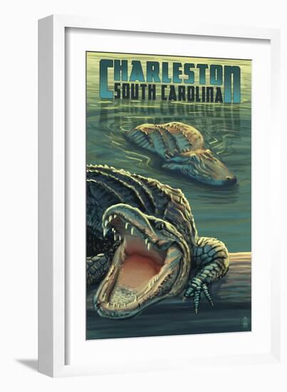 Charleston, South Carolina - Alligators Scene-Lantern Press-Framed Art Print