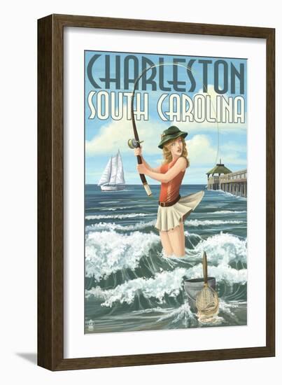 Charleston, South Carolina - Pinup Girl Surf Fishing-Lantern Press-Framed Art Print