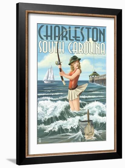 Charleston, South Carolina - Pinup Girl Surf Fishing-Lantern Press-Framed Art Print