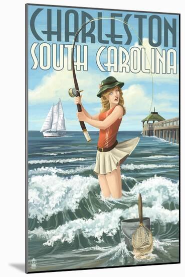 Charleston, South Carolina - Pinup Girl Surf Fishing-Lantern Press-Mounted Art Print