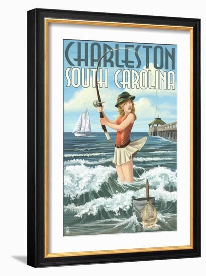 Charleston, South Carolina - Pinup Girl Surf Fishing-Lantern Press-Framed Art Print