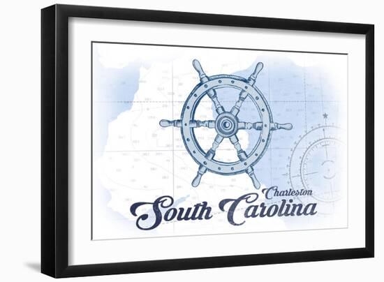 Charleston, South Carolina - Ship Wheel - Blue - Coastal Icon-Lantern Press-Framed Art Print