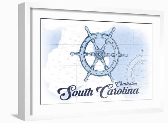 Charleston, South Carolina - Ship Wheel - Blue - Coastal Icon-Lantern Press-Framed Art Print