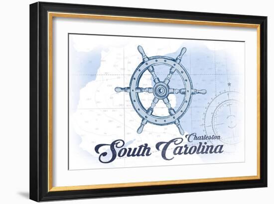 Charleston, South Carolina - Ship Wheel - Blue - Coastal Icon-Lantern Press-Framed Art Print