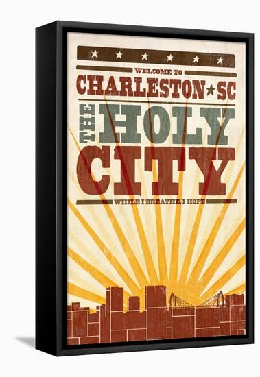 Charleston, South Carolina - Skyline and Sunburst Screenprint Style-Lantern Press-Framed Stretched Canvas